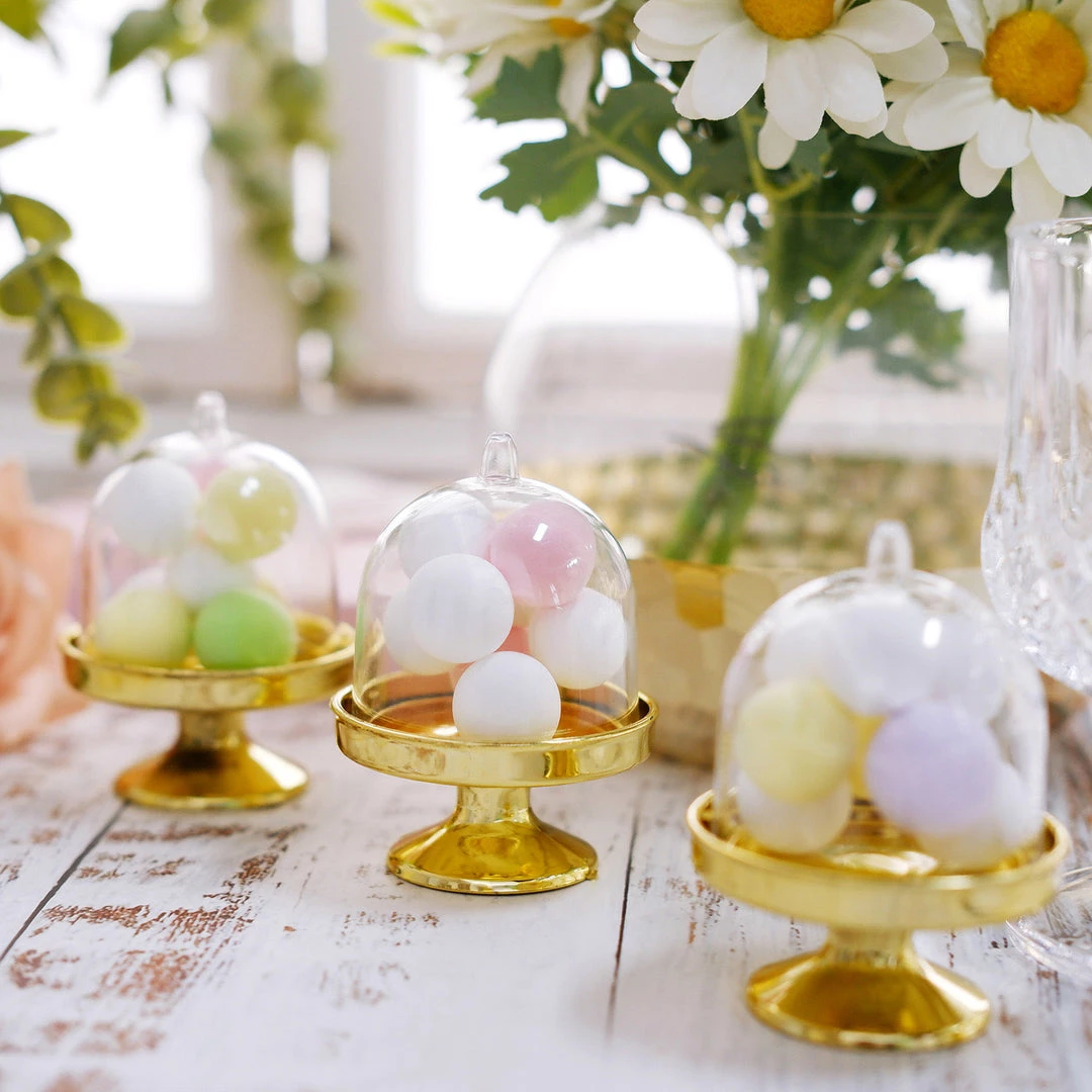 HIER_5320 Disposable Dinnerware 12 Pack | 3" Gold Mini Pedestal Cupcake Stand, Favors/Candy Display Plate With Clear Dome Lid 13 HIER_5320 Disposable Dinnerware 12 Pack | 3" Gold Mini Pedestal Cupcake Stand, Favors/Candy Display Plate With Clear Dome Lid