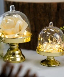 HIER_5320 Disposable Dinnerware 12 Pack | 3" Gold Mini Pedestal Cupcake Stand, Favors/Candy Display Plate With Clear Dome Lid