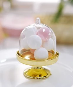HIER_5320 Disposable Dinnerware 12 Pack | 3" Gold Mini Pedestal Cupcake Stand, Favors/Candy Display Plate With Clear Dome Lid 21 HIER_5320 Disposable Dinnerware 12 Pack | 3