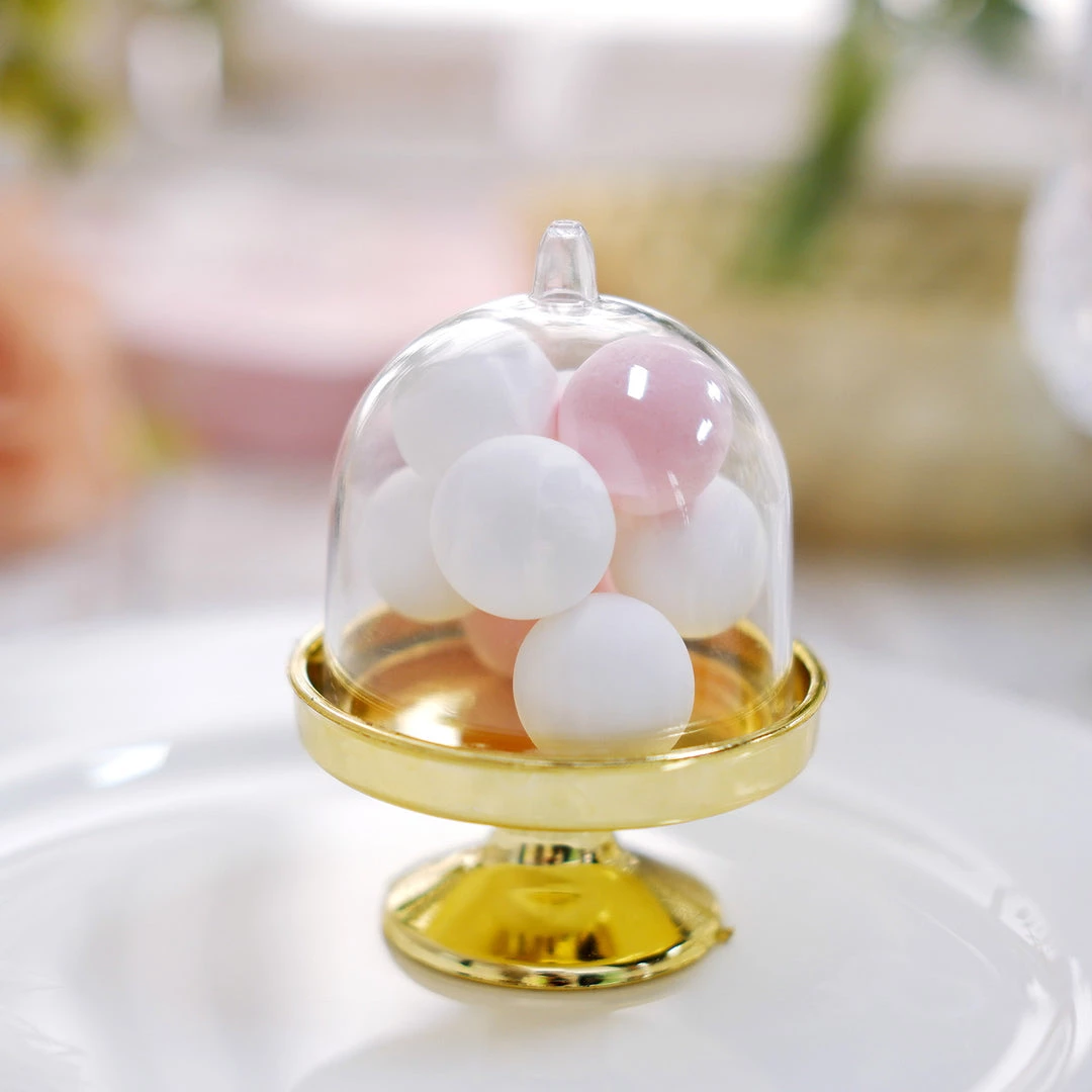 HIER_5320 Disposable Dinnerware 12 Pack | 3" Gold Mini Pedestal Cupcake Stand, Favors/Candy Display Plate With Clear Dome Lid 6 HIER_5320 Disposable Dinnerware 12 Pack | 3" Gold Mini Pedestal Cupcake Stand, Favors/Candy Display Plate With Clear Dome Lid