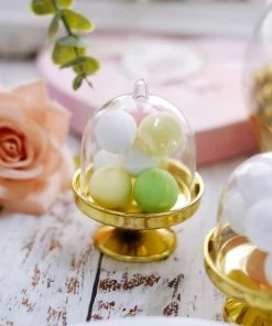 HIER_5320 Disposable Dinnerware 12 Pack | 3" Gold Mini Pedestal Cupcake Stand, Favors/Candy Display Plate With Clear Dome Lid 22 HIER_5320 Disposable Dinnerware 12 Pack | 3