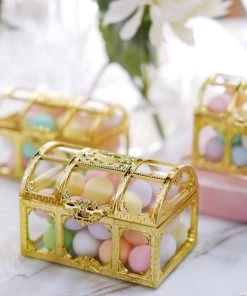 HIER_5320 12 Pack | Gold Treasure Chest Party Favor Candy Boxes, Treat Gift Box - 3.5" Disposable Dinnerware