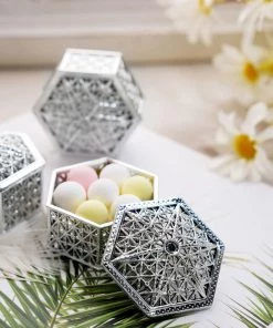 HIER_5320 Chargers & Centerpieces 12 Pack | 3" Silver Vintage Hexagon Party Favor Candy Boxes, Treat Gift Container