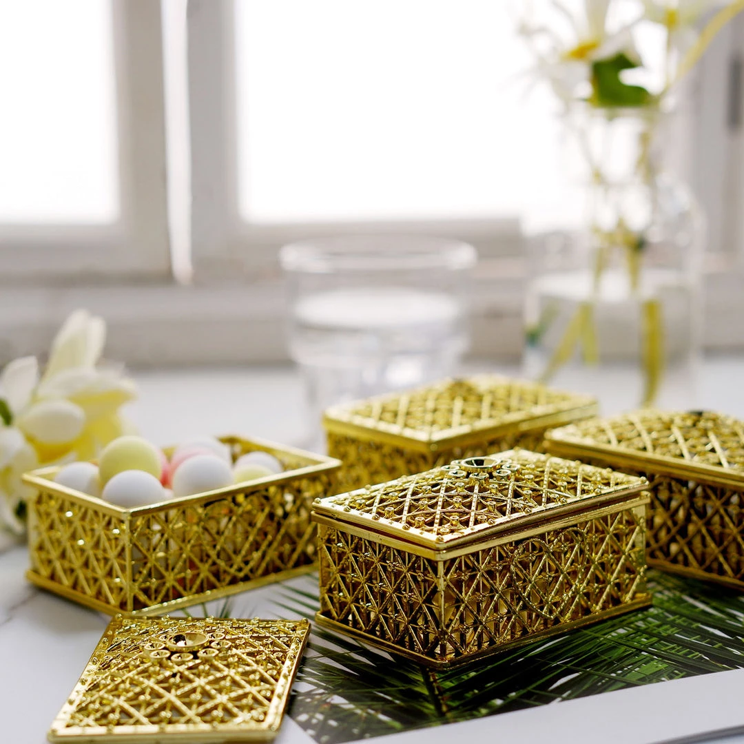 HIER_5320 Chargers & Centerpieces 12 Pack | Gold Vintage Rectangular Party Favor Candy Boxes Treat Gift Container - 3" 1 HIER_5320 Chargers & Centerpieces 12 Pack | Gold Vintage Rectangular Party Favor Candy Boxes Treat Gift Container - 3"