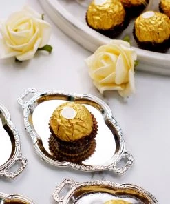 HIER_5320 Chargers & Centerpieces 12 Pack | Silver Oval Baroque Mini Party Favor Candy Tray Treat Gift Display Serving Plate - 4.5"