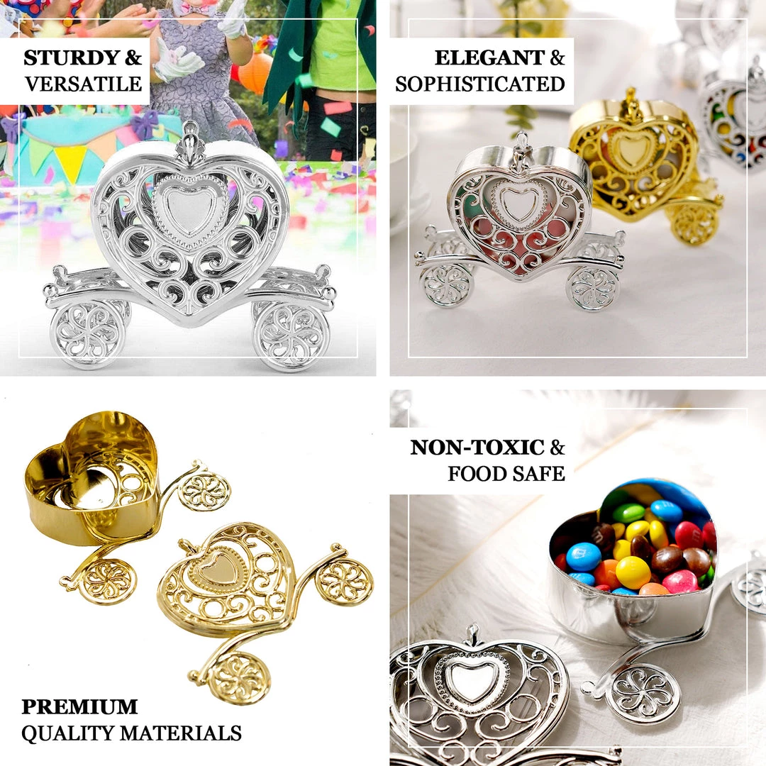 HIER_5320 12 Pack | 4" Silver Heart Carriage Party Favor Gift Boxes, Candy Treat Containers Tabletop Decor 4 HIER_5320 12 Pack | 4" Silver Heart Carriage Party Favor Gift Boxes, Candy Treat Containers Tabletop Decor