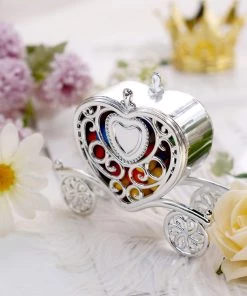 HIER_5320 12 Pack | 4" Silver Heart Carriage Party Favor Gift Boxes, Candy Treat Containers Tabletop Decor