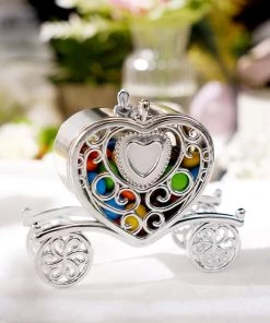 HIER_5320 12 Pack | 4" Silver Heart Carriage Party Favor Gift Boxes, Candy Treat Containers Tabletop Decor