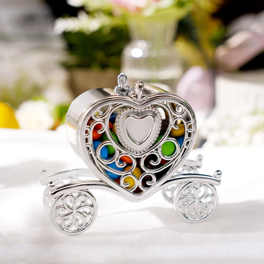 HIER_5320 12 Pack | 4" Silver Heart Carriage Party Favor Gift Boxes, Candy Treat Containers Tabletop Decor 2 HIER_5320 12 Pack | 4" Silver Heart Carriage Party Favor Gift Boxes, Candy Treat Containers Tabletop Decor