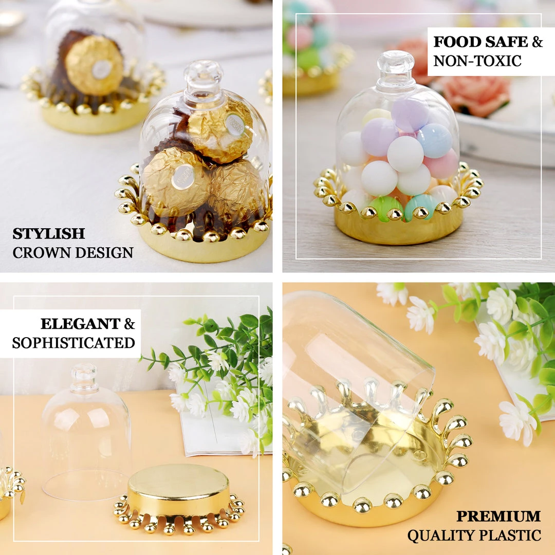 HIER_5320 12 Pack | Gold Crown Party Favor Gift Boxes, Candy Treat Containers With Clear Dome Lid- 4" Tabletop Decor 4 HIER_5320 12 Pack | Gold Crown Party Favor Gift Boxes, Candy Treat Containers With Clear Dome Lid- 4" Tabletop Decor