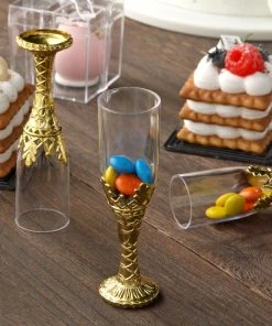 HIER_5320 12 Pack | Gold Stem Clear Mini Champagne Flute Glass Party/Gift Favors - 4" Plastic