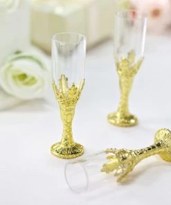 HIER_5320 12 Pack | Gold Stem Clear Mini Champagne Flute Glass Party/Gift Favors - 4" Plastic