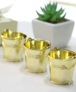 HIER_5320 12 Pack | Gold Pail Bucket Party Favor Candy Gift Boxes | Mini Planter - 2