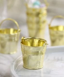HIER_5320 12 Pack | Gold Pail Bucket Party Favor Candy Gift Boxes | Mini Planter - 2" Disposable Dinnerware