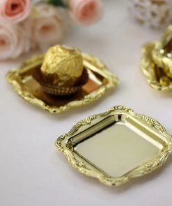 HIER_5320 12 Pack | Gold Square Baroque Mini Party Favor Candy Tray Treat Gift Display Serving Plate - 3"x3"