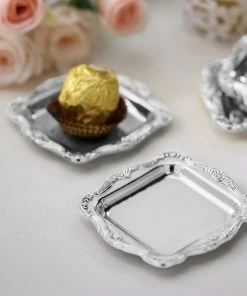 HIER_5320 12 Pack | Silver Square Baroque Mini Party Favor Candy Tray Treat Gift Display Serving Plate - 3"x3"