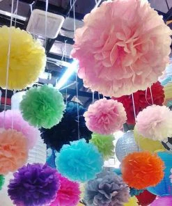 HIER_3300 6 Pack 14" Pink Paper Tissue Fluffy Pom Pom Flower Balls
