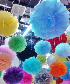 HIER_3300 6 Pack 14" Turquoise Paper Tissue Fluffy Pom Pom Flower Balls Tabletop Decor