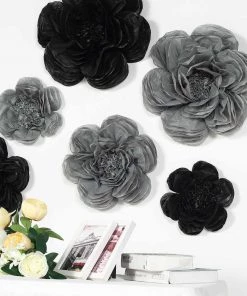 HIER_3400 6 Pack Black & Charcoal Gray Giant Paper Flowers Peony Assorted Sizes - 12" | 16" | 20"