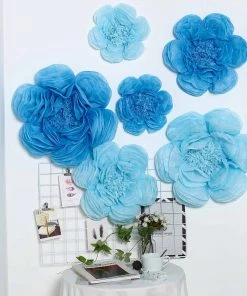 HIER_3400 6 Pack Periwinkle & Turquoise Assorted Size Paper Peony Flowers - 7" | 9" | 11"