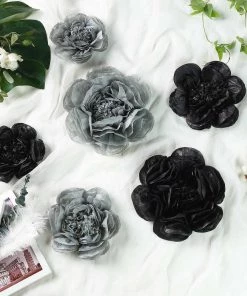 HIER_3400 Chargers & Centerpieces 6 Pack Peony Paper Artificial Flowers | Wall Flowers | Assorted Size 7" | 9" | 11" - Black/Charcoal Gray