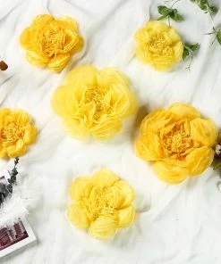 HIER_3400 6 Pack Light & Dark Yellow Assorted Size Paper Peony Flowers - 7" | 9" | 11" Chargers & Centerpieces