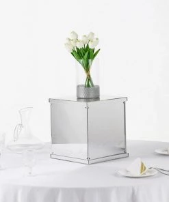 HIER_3610 Chargers & Centerpieces 12" Silver Mirror Finish Acrylic Pedestal Risers - Display Boxes With Interchangeable Lid And Base