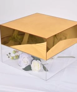 HIER_3610 14"x14" | Gold Acrylic Cake Box Stand, Mirror Finish Display Box Pedestal Riser With Hollow Bottom Chargers & Centerpieces