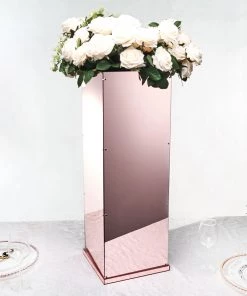 HIER_3620 32" Rose Gold/Blush Mirrored Acrylic Pedestal Risers - Display Boxes With Interchangeable Lid And Base Chargers & Centerpieces