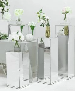 HIER_3620 40" Floor Standing Silver Mirror Finish Acrylic Pedestal Risers - Display Boxes With Interchangeable Lid And Base