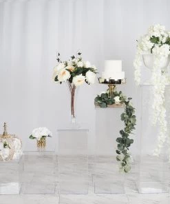 HIER_3620 Set Of 5 | Clear Acrylic Pedestal Risers & Floor Standing | Transparent Acrylic Display Boxes With Interchangeable Lid And Base | 12" | 16" | 24" | 32" | 40" Chargers & Centerpieces