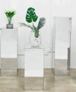 HIER_3620 Set Of 5 | Silver Mirror Finish Acrylic Pedestal Risers - Display Boxes With Interchangeable Lid And Base - 12" | 16" | 24" | 32" | 40" Chargers & Centerpieces