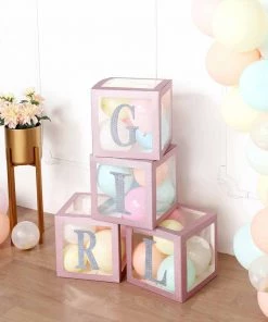 HIER_3610 2pcs Transparent DIY Balloon Boxes, Baby Shower Party Decoration Boxes - Blush | Rose Gold Edges