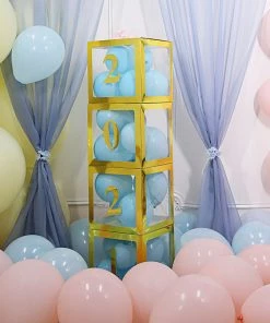 HIER_3610 2pcs Transparent DIY Balloon Boxes, Baby Shower Party Decoration Boxes - Metallic Gold Edges