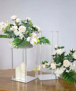 HIER_3610 16" Clear Acrylic Floor Vase Flower Stand With Mirror Base, Wedding Column Chargers & Centerpieces