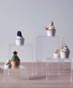 HIER_3610 Set Of 4 | Clear Acrylic Riser Cake Stand Set, Cupcake Dessert Display Stands - Assorted Size