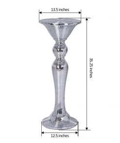 HIER_3620 35” Silver Polystone Mirror Mosaic Pedestal Floor Vase Glass & Metal Floral Vases