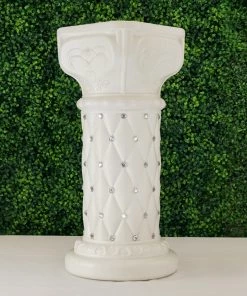 HIER_3620 2 Pack | White Crystal Beaded Pedestal Stand | French Inspired Pillar With 10mm Crystal Studs - 25" Tall PVC