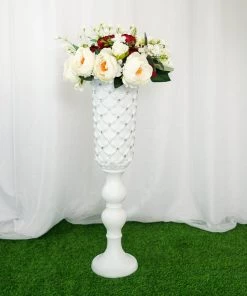 HIER_3620 2 Pack | White Crystal Beaded Pedestal Stand | French Inspired Plant Pillar With 10mm Crystal Studs - 32" Tall PVC Chargers & Centerpieces