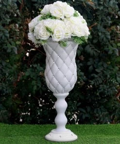 HIER_3620 Chargers & Centerpieces 2 Pack | White Crystal Beaded French Inspired Pedestal Stand | Flower Plant Pillar With 10mm Crystal Studs - 24" Tall PVC