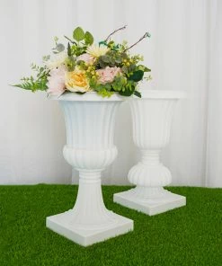 HIER_3620 2 Pack | 20" White Urn Planter, Floral Pedestal Flower Pot Plant Stand - PVC Chargers & Centerpieces