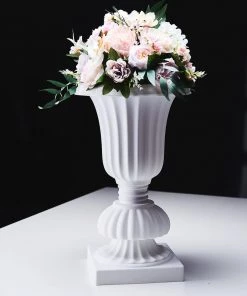 HIER_3620 2 Pack | 20" White Urn Planter, Floral Pedestal Flower Pot Plant Stand - PVC Chargers & Centerpieces