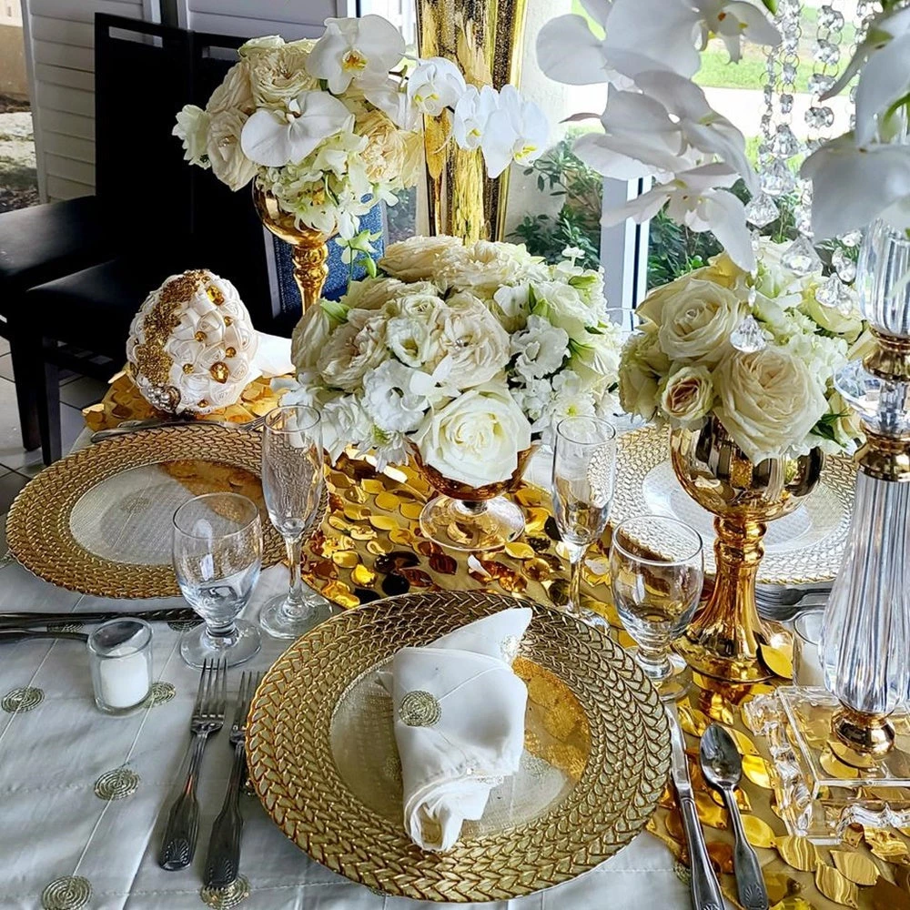 HIER_4700 8 Pack | 13" Luxurious Silver/Gold Braided Rim Glass Charger Plates, Clear Round Charger Plates Disposable Dinnerware 12 HIER_4700 8 Pack | 13" Luxurious Silver/Gold Braided Rim Glass Charger Plates, Clear Round Charger Plates Disposable Dinnerware