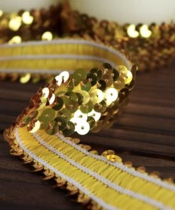 HIER_5140 1"x10 Yards Metallic Gold Sequin Stretch Fabric Ribbon, Elastic Lace Trim, Shiny Glitter Craft Fabric Theme Décor