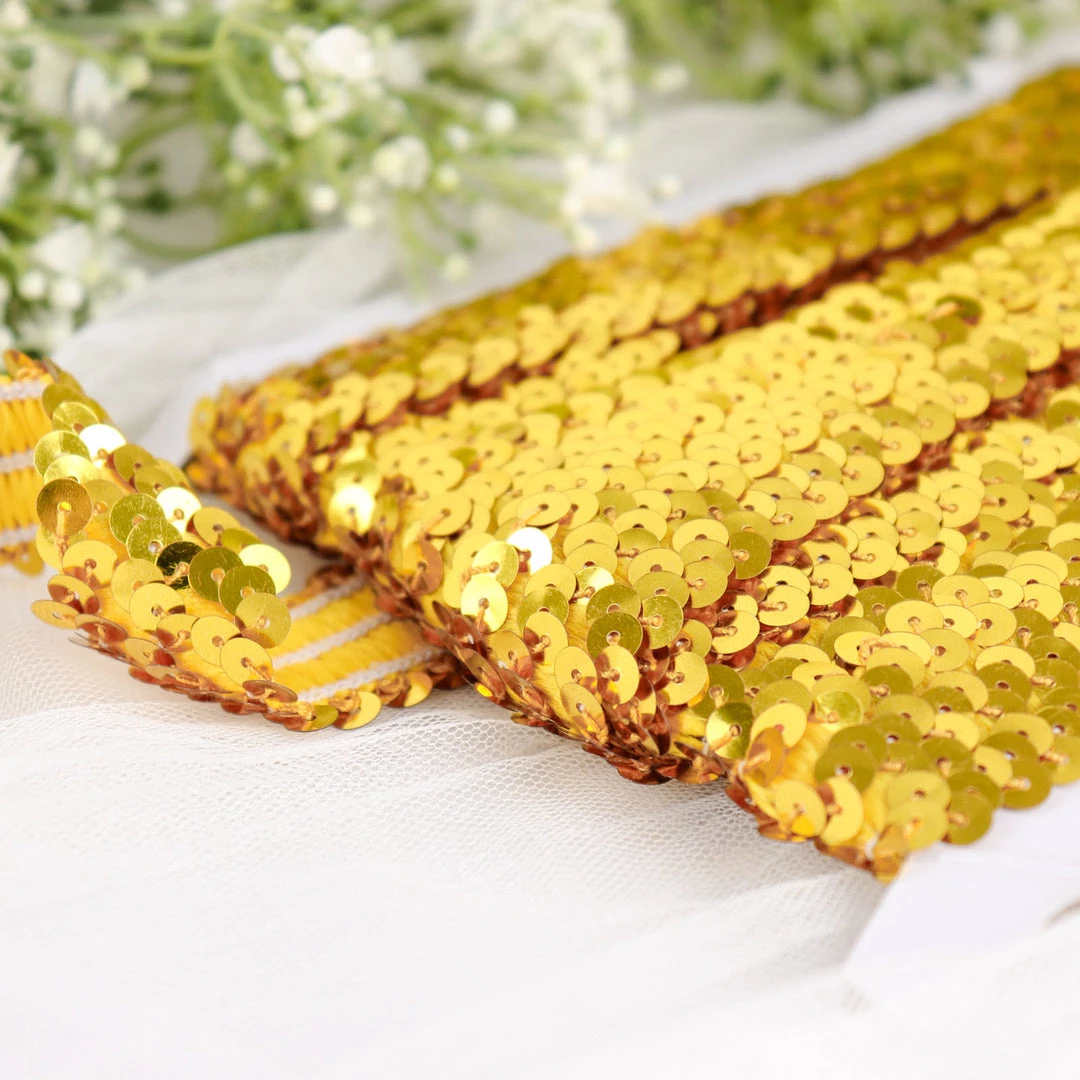 HIER_5140 1"x10 Yards Metallic Gold Sequin Stretch Fabric Ribbon, Elastic Lace Trim, Shiny Glitter Craft Fabric Theme Décor 8 HIER_5140 1"x10 Yards Metallic Gold Sequin Stretch Fabric Ribbon, Elastic Lace Trim, Shiny Glitter Craft Fabric Theme Décor