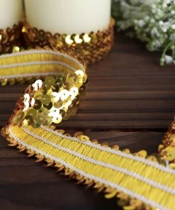 HIER_5140 1"x10 Yards Metallic Gold Sequin Stretch Fabric Ribbon, Elastic Lace Trim, Shiny Glitter Craft Fabric Theme Décor 20 HIER_5140 1