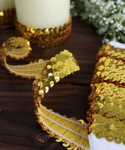 HIER_5140 1"x10 Yards Metallic Gold Sequin Stretch Fabric Ribbon, Elastic Lace Trim, Shiny Glitter Craft Fabric Theme Décor 21 HIER_5140 1
