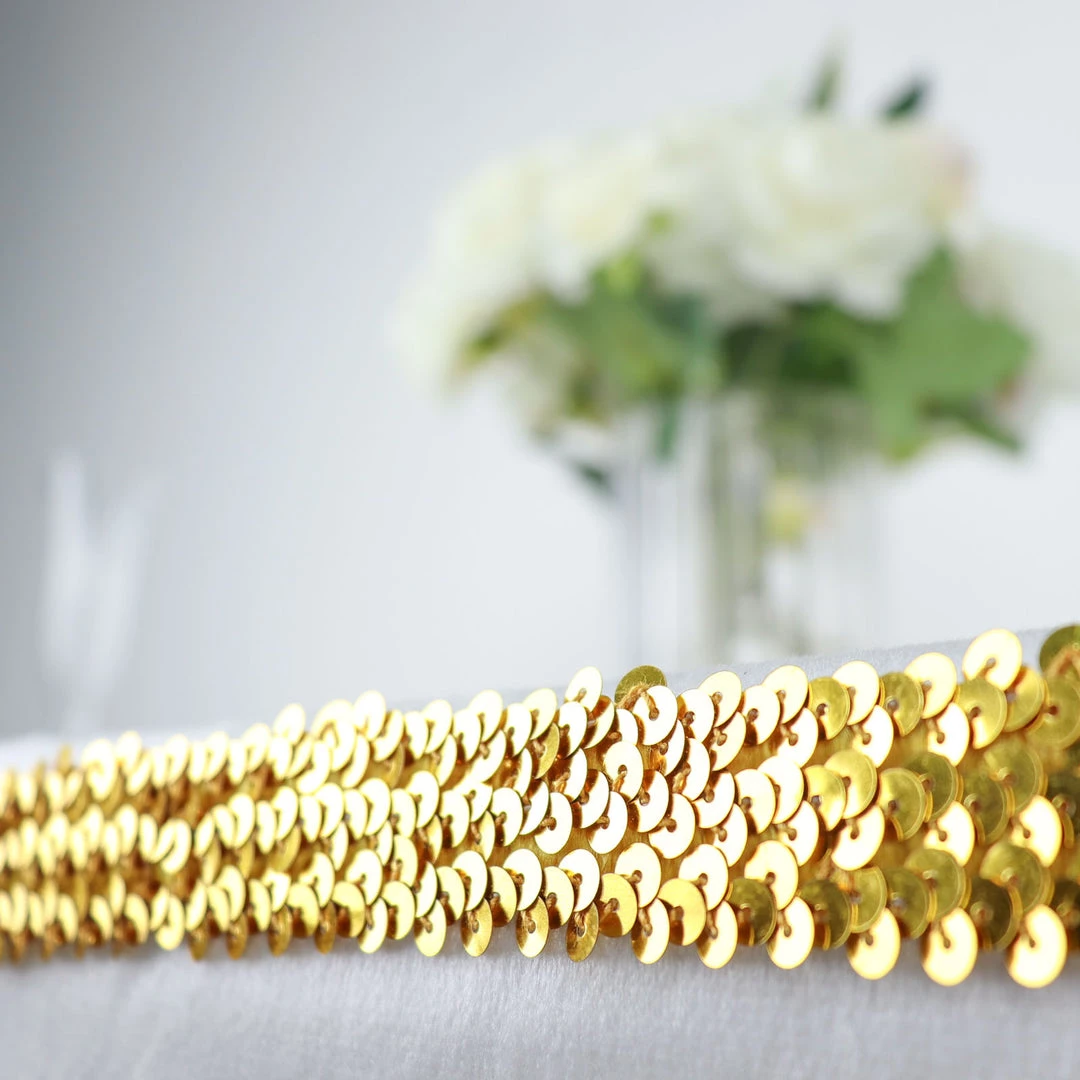 HIER_5140 1"x10 Yards Metallic Gold Sequin Stretch Fabric Ribbon, Elastic Lace Trim, Shiny Glitter Craft Fabric Theme Décor 11 HIER_5140 1"x10 Yards Metallic Gold Sequin Stretch Fabric Ribbon, Elastic Lace Trim, Shiny Glitter Craft Fabric Theme Décor