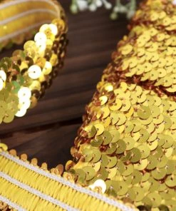HIER_5140 1"x10 Yards Metallic Gold Sequin Stretch Fabric Ribbon, Elastic Lace Trim, Shiny Glitter Craft Fabric Theme Décor 15 HIER_5140 1