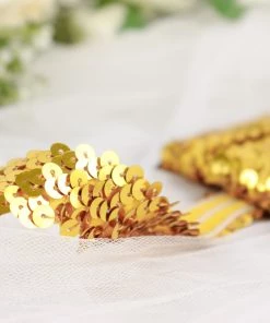 HIER_5140 1"x10 Yards Metallic Gold Sequin Stretch Fabric Ribbon, Elastic Lace Trim, Shiny Glitter Craft Fabric Theme Décor